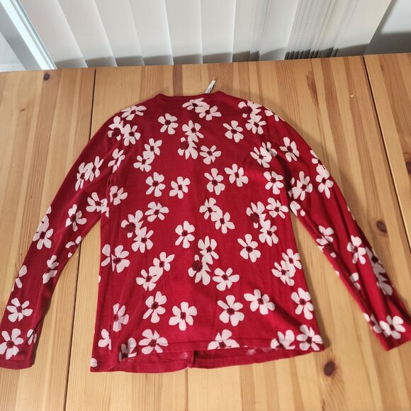 Carolina Herrera Red White Floral Cardigan Feminine Faux Pearl Buttons Silk XS - Picture 4 of 12